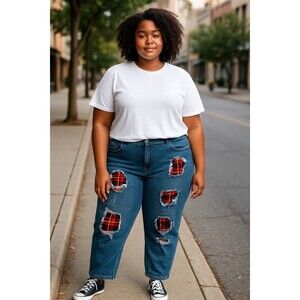Distressed Red Plaid Jeans Women’s Plus XXL